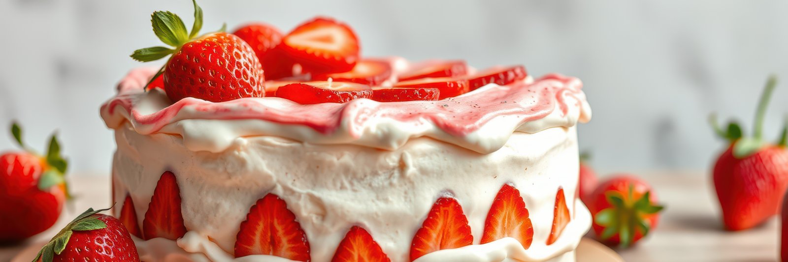 Strawberry cake with fresh fruit decoration for a summer celebration at a bright kitchen